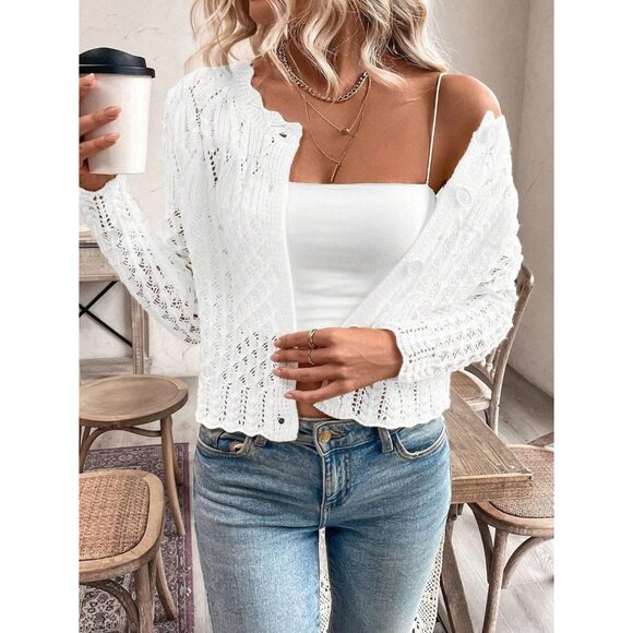 Knit Cardigan Sweater Women Cropped Long Sleeve Button Fall Casual Top - Picture 3 of 5